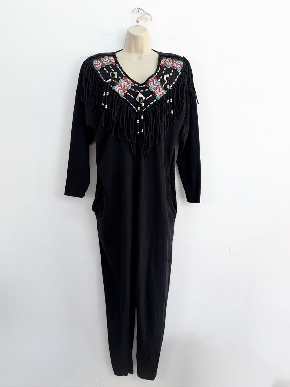 Vintage 80s Women’s Black Multi Western Studded Beaded Fringe Jumpsuit
